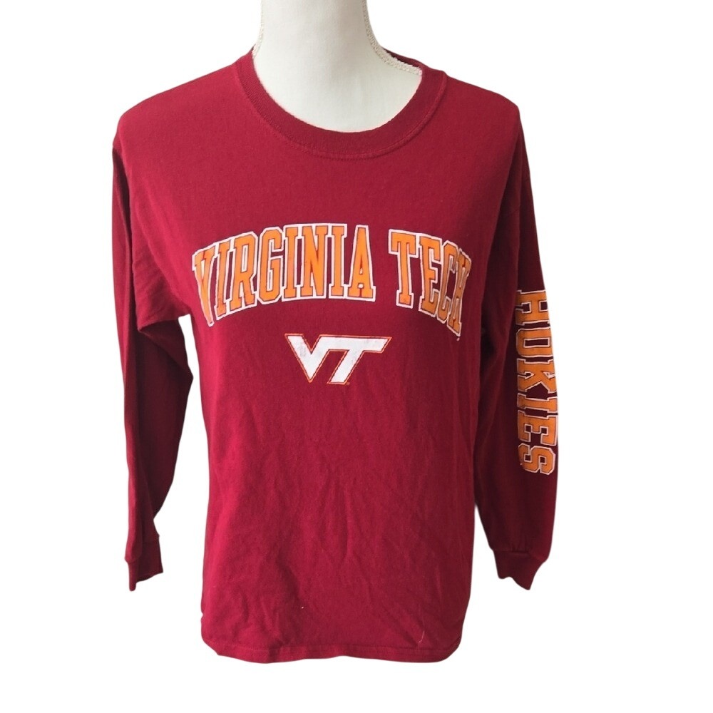 Virginia Tech Kids Youth Long Sleeve Shirt Red Orange Cotton Crew Neck - Large